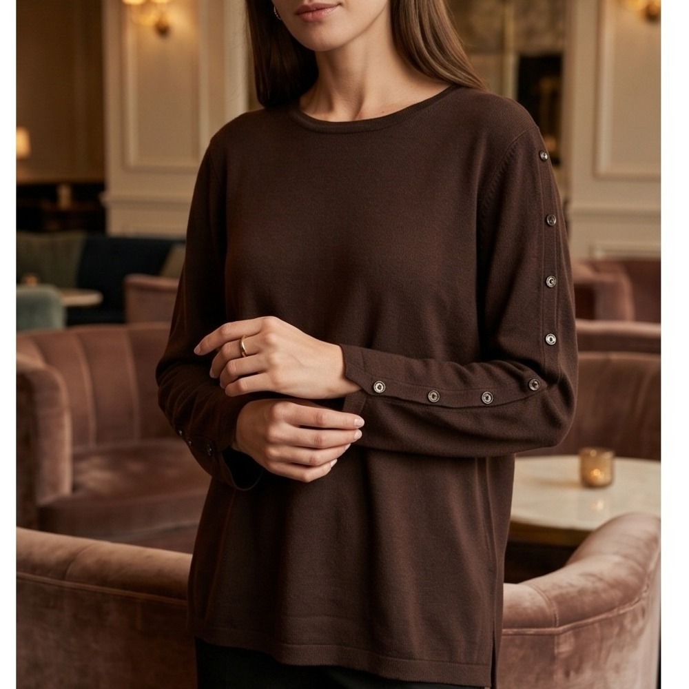 Silk Assets L Diane von Furstenberg Brown 100% Silk Button‎ Sleeve Knit Sweater